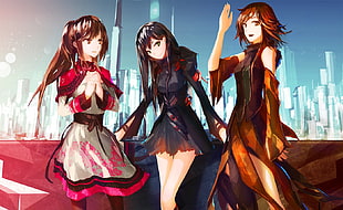 three assorted-character female anime wearing dresses